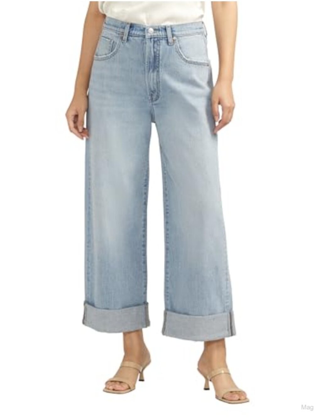 Wide Leg Cropped Jeans Mid Rise Cotton Blend Stretchable Casual